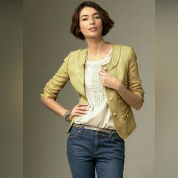 Talbots Grace Fit Collarless Gold Tweed Metallic Blazer Jacket Jackie O Fringe - Picture 1 of 15